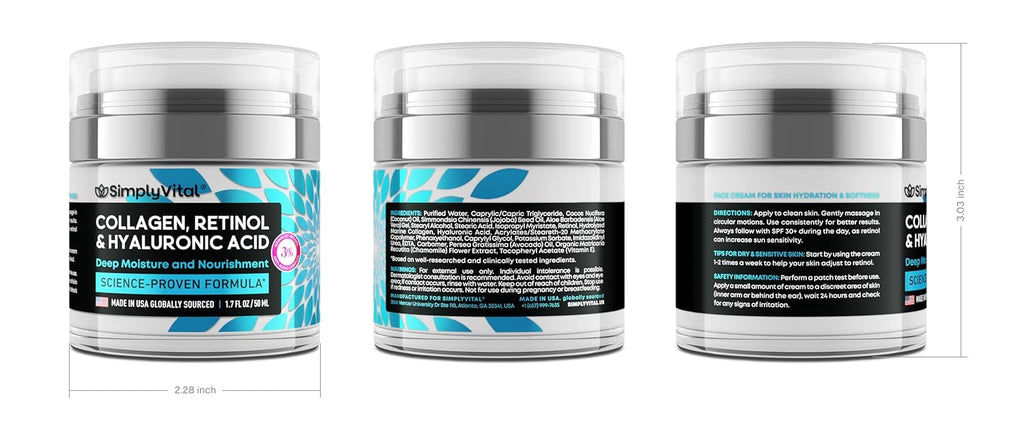 SimplyVital Collagen, Retinol & Hyaluronic Acid Cream - Anti-Aging Face Moisturizer
