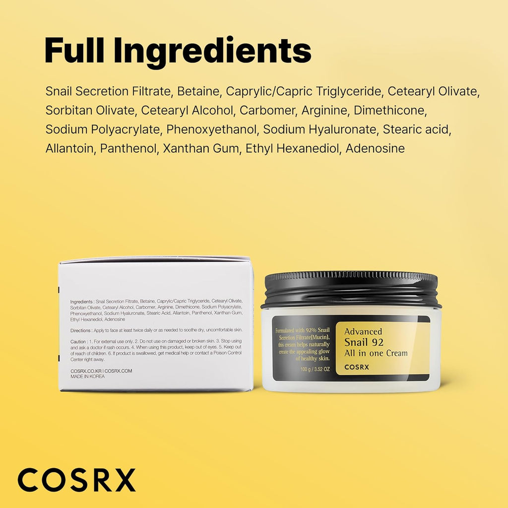 COSRX Snail Mucin 92% Face Moisturizer, 3.52 Oz, Lightweight Moisturing Cream