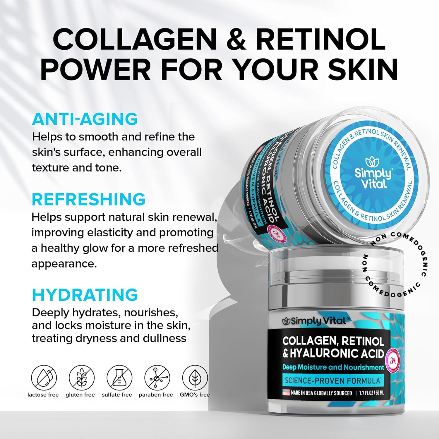 SimplyVital Collagen, Retinol & Hyaluronic Acid Cream - Anti-Aging Face Moisturizer
